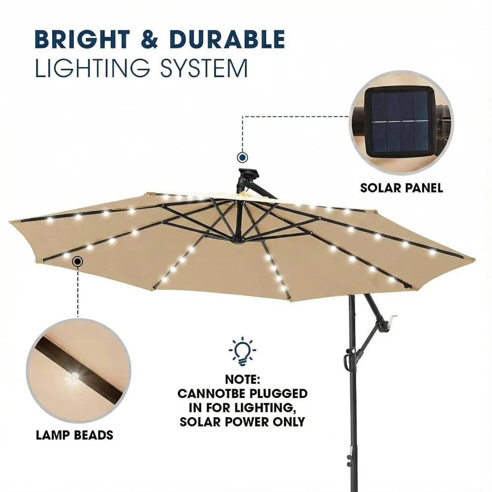 

10ft Solar LED Patio Umbrella with Base Included, Offset Umbrella with Weighted Sandbag Base, Cantilever Patio, Customized