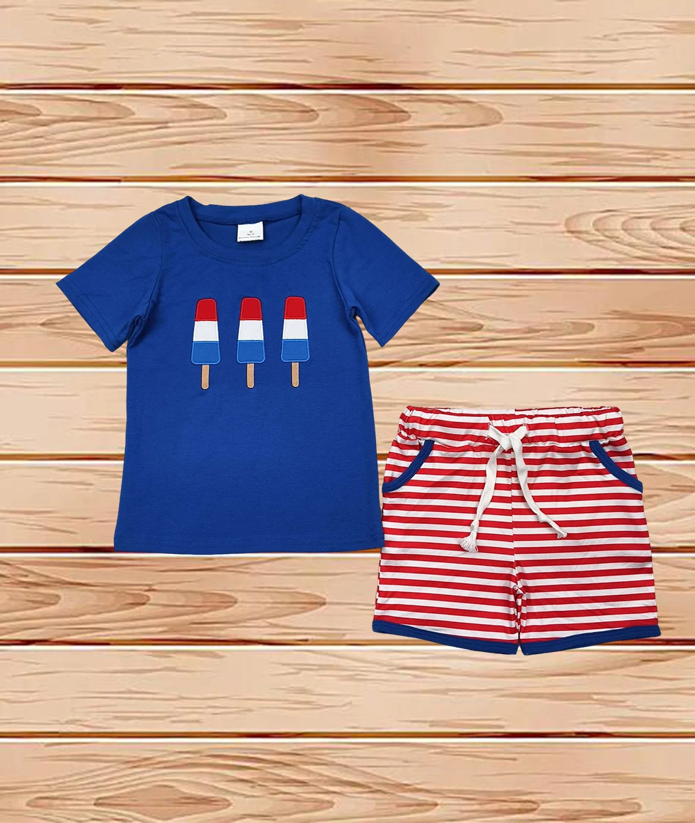 

4.14 Wholesale Western Boutique outfits children clothing Embroidery Baby Boys 4th Of July Popstick Shirts Shorts Clothes Sets