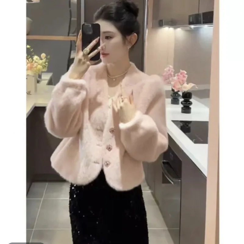 Women's Sweet Fairy Fall Winter Fur Coat Long-sleeved Warm Short Faux Jacket V-neck Senior Simple Comfortable Brand Fashion
