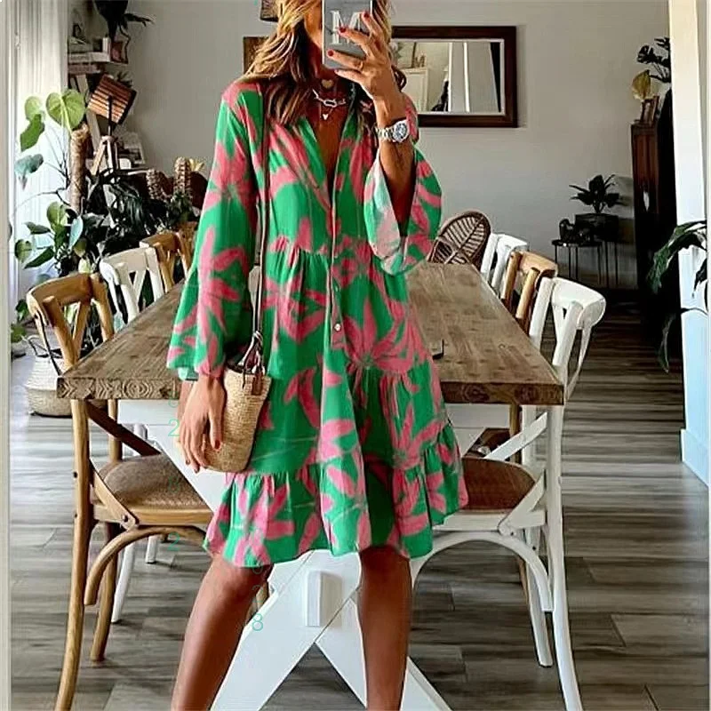 

Womens Dresses Long Sleeve Print Flared Midi Dress Women Spring Summer Floral Overall Jumpsuit Playsuit
