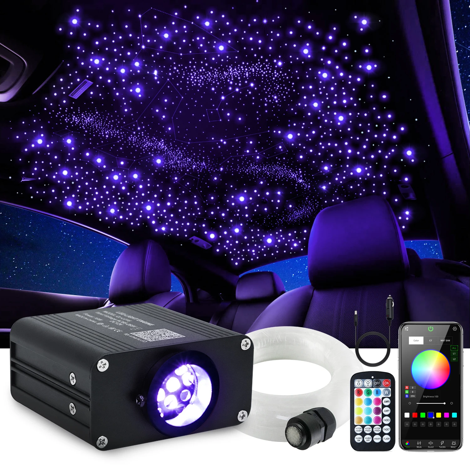 

16-piece RGBW fiber optic starry sky ceiling light set for home car atmosphere lighting app application LED roof light