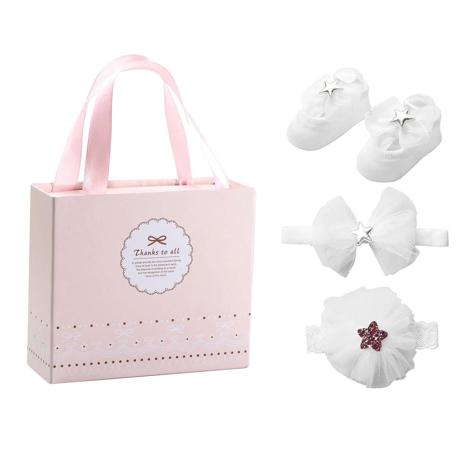 Newborn Baby Girl Photography Props Anti Slip Flower Bownote Choker Headband Socks Christening Baptisms Souvenir Gift Box Sets