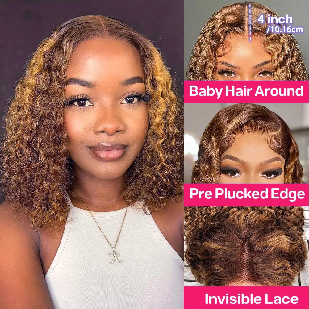 Higlight-Perruque Bob Lace Front Wig Naturelle, Cheveux Humains, Deep Wave, P4/27, 13x4, Pre-Plucked, pour Femme