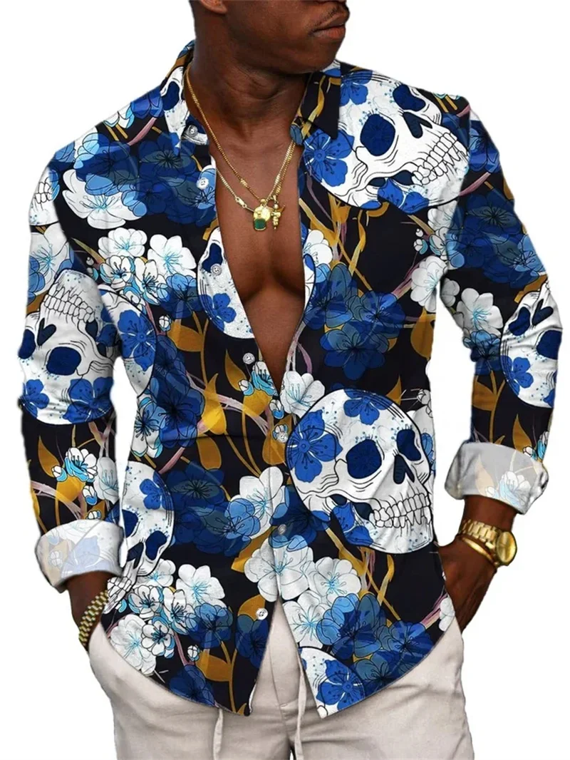 Mens retro rose skull pattern mens shirt 3D printed Gothic skull long sleeved shirt mens clothing casual hip-hop button up shirt