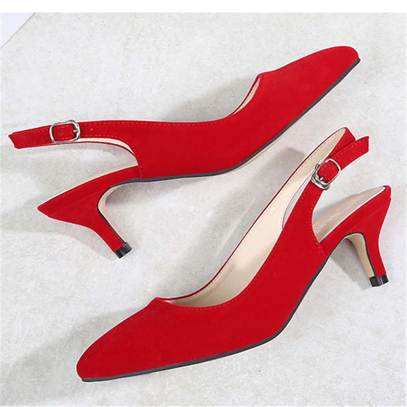 2023 Women 5cm High Heels Scarpin Low Heels Slingback Pumps Lady Pointed Toe Cute Kitten Heels Flock Plus Size Black Red Shoes