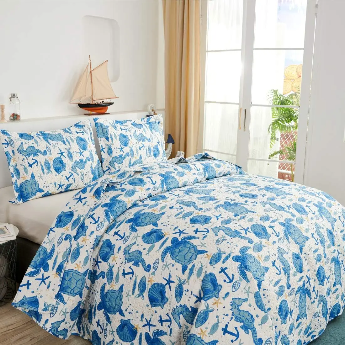 

Oliven Marine Life Bedding Turtle Quilt King Size Coastal Bedspread Beach Sea Turtle Seahorse Shell Starfish Anchor Ocean