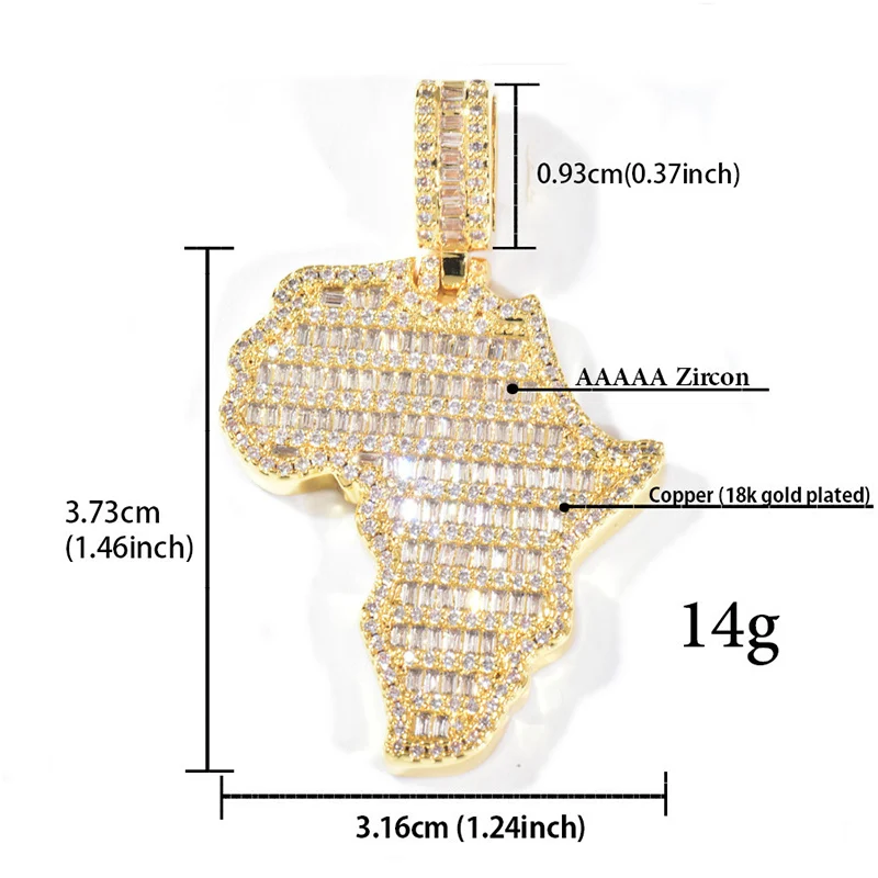 Hip Hop 3A+ CZ Stone Paved Bling Iced Out Map of Africa Pendants Necklaces for Men Rapper Jewelry Gold Silver Color