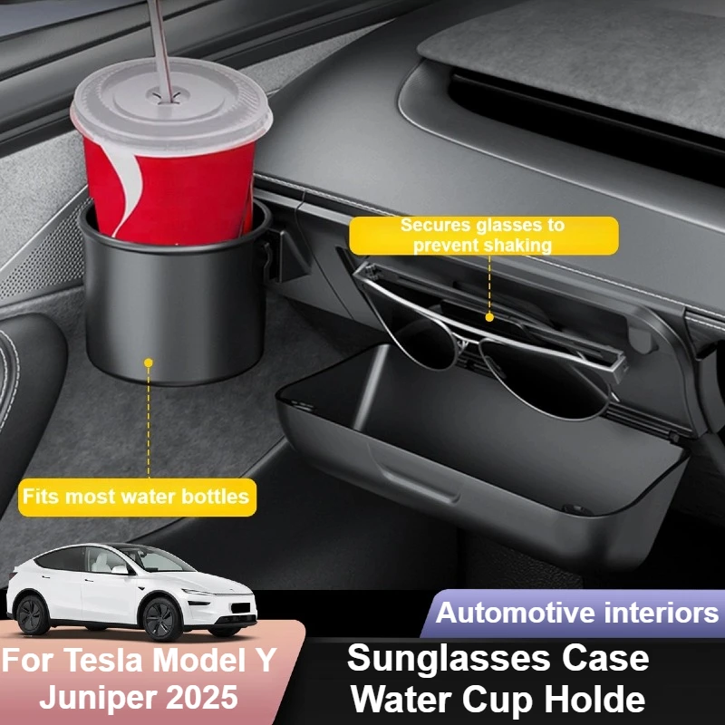 

For Tesla Model Y Juniper 2025 2026 Water Cup Holder Dashboard Car Sunglasses Case 2-in-1 Beverage Cup Tray Storage Organizer