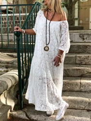 ZANZEA 2023 Women Lace Crochet Maxi Long Dress Summer O Neck 3/4 Sleeve Party Vestidos Robe Femme Bohemian Sundress Casual Dress