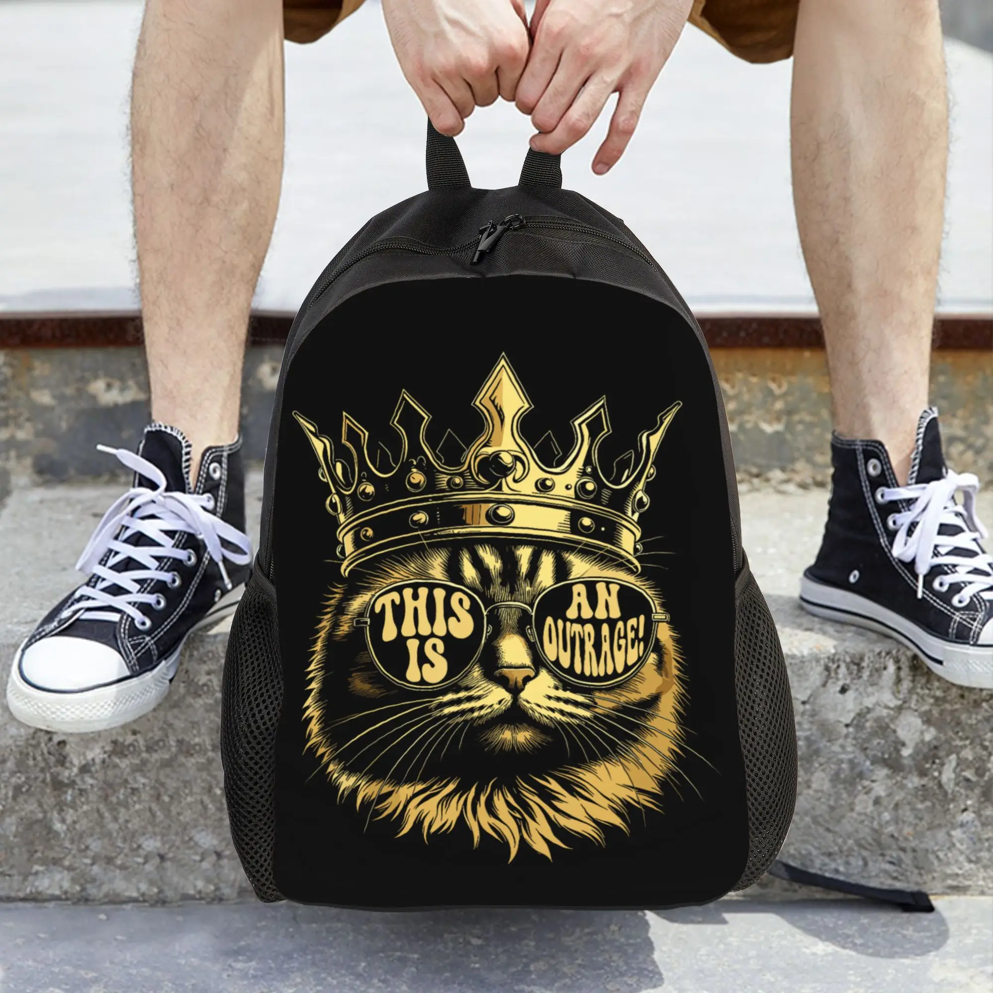 This is an Outrage Funny Princess Cat Donut Gold Backpack  Girl Polyester College Backpacks Lightweight Kawaii High School Bags