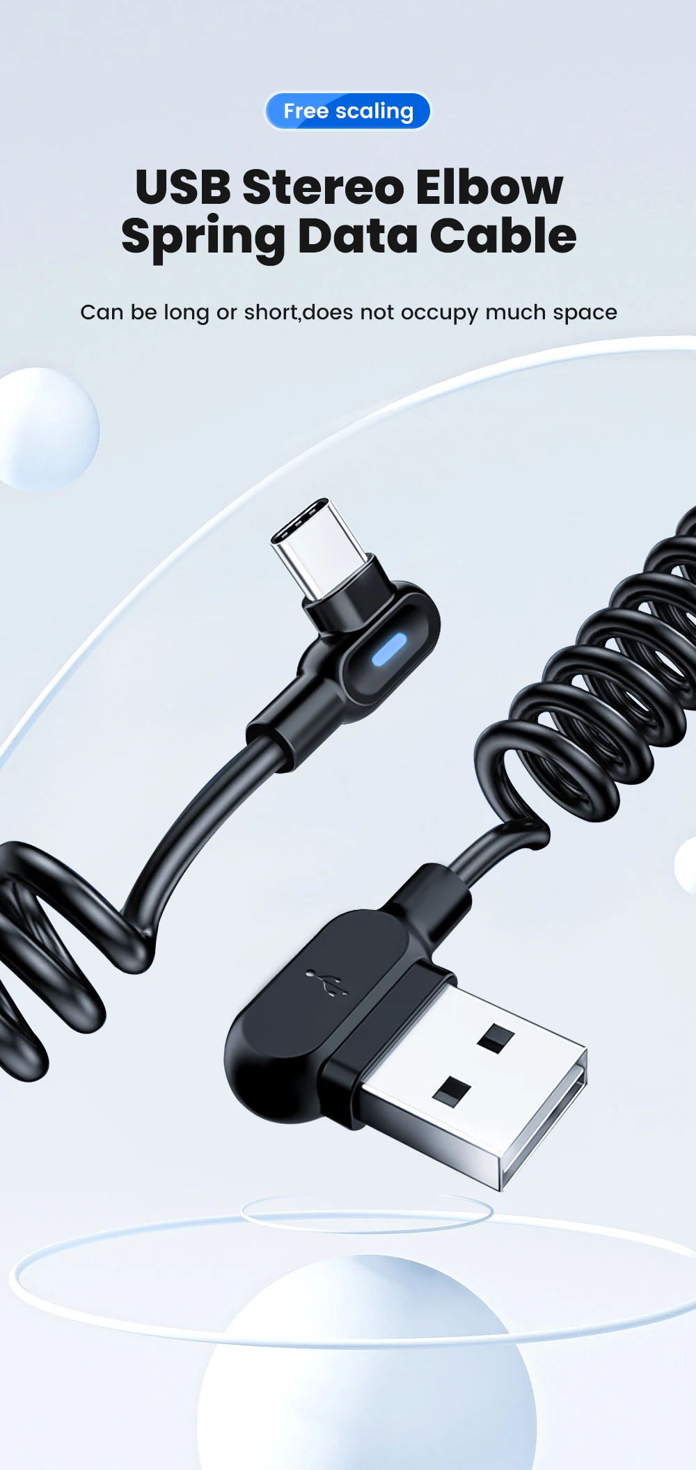 Dual Elbow Type C Cable 6A Fast Charge Short Spring Data Cable For Samsung Xiaomi Retractable USB To Lightning Cable For iPhone