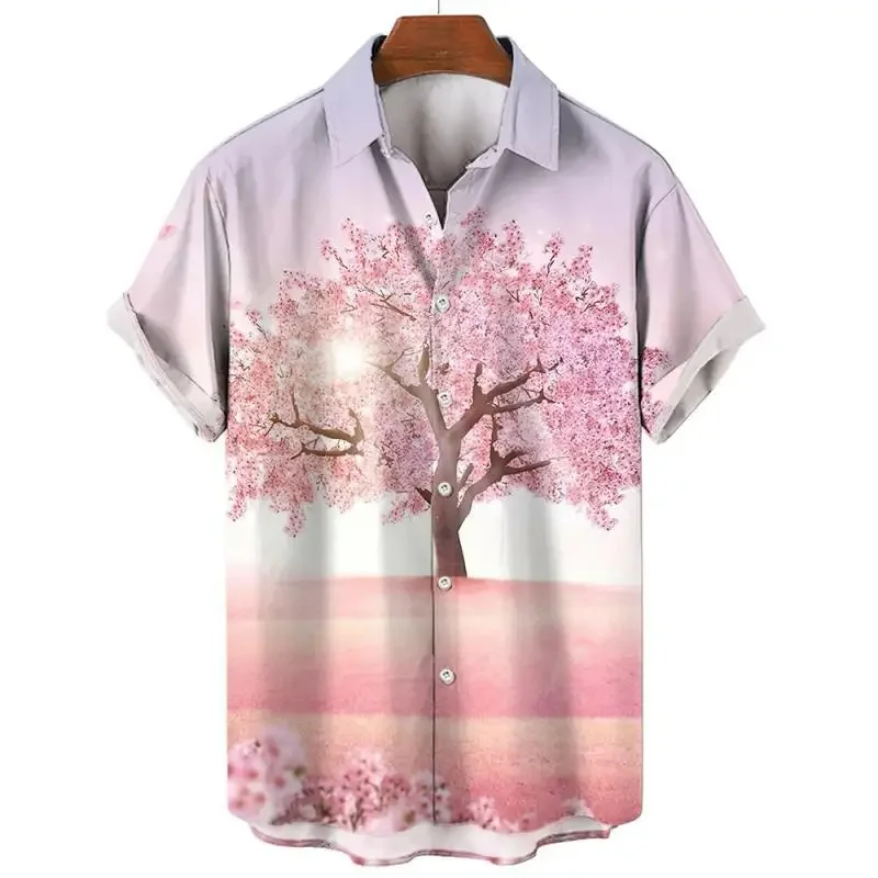 3D Printed Cherry Blossom Shirt Men Popular Summer Hawaiian Beach Shirt Lapel Blouse Plain Shirt Women Short Sleeves Clothing