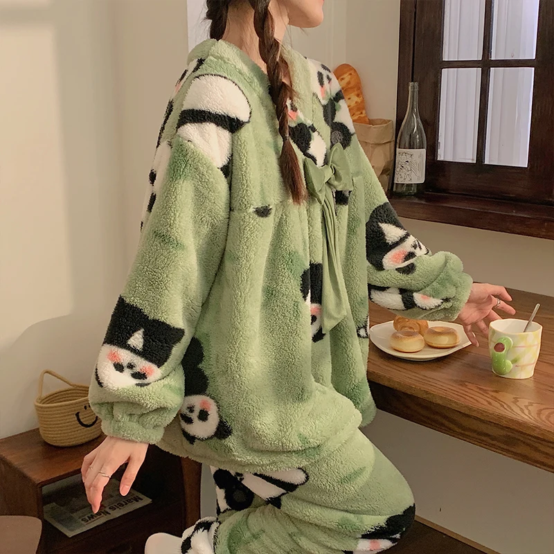 Pajama Sets Women Flannel Chic Winter Chinese Style Plus Velvet Thickened Cozy Bow Design Loose Fit Slouchy Faddish Homewear