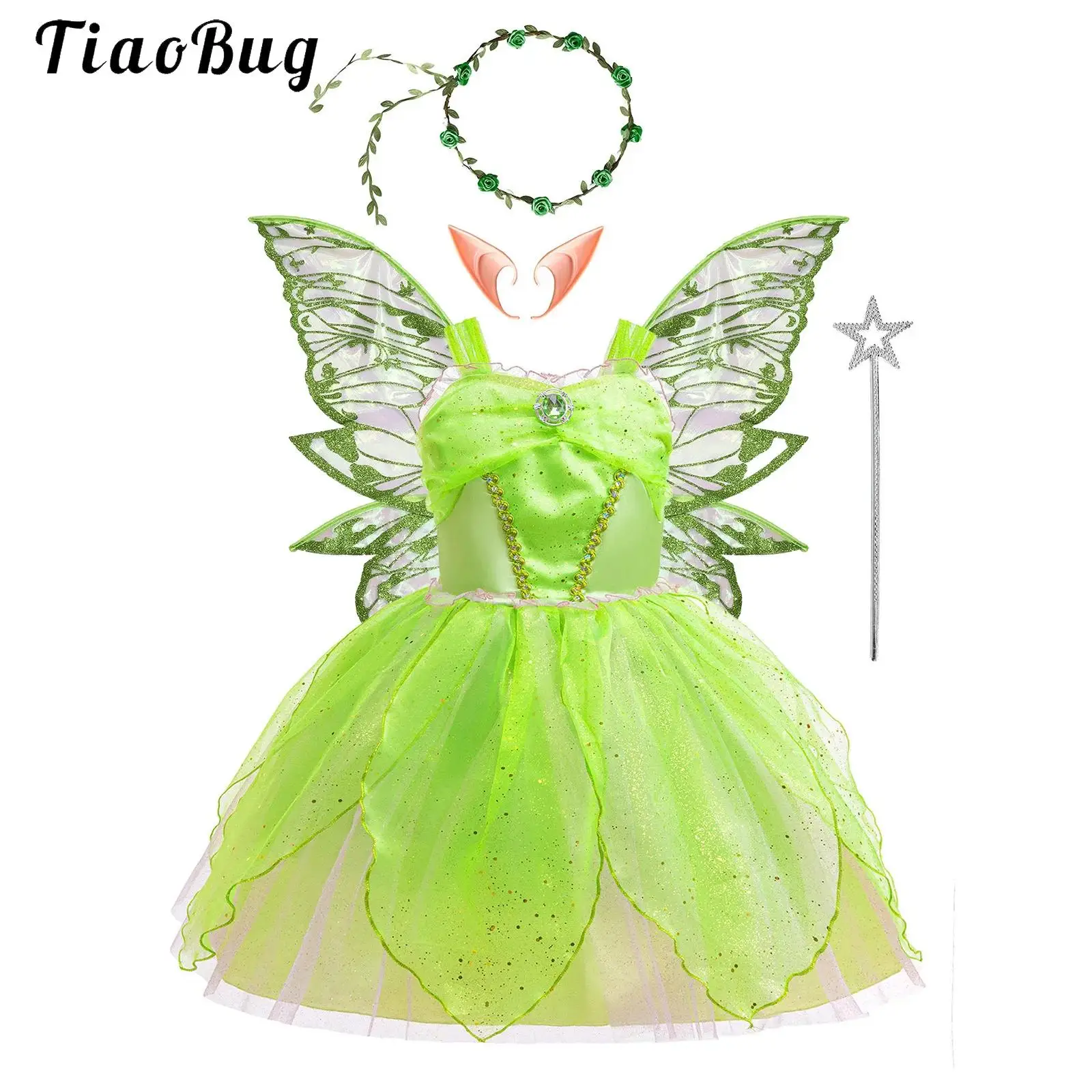 Kids Girls Fairy Dress Up Outfit Sleeveless Sequins Ruched Tulle Tutu Dress with Butterfly Wings Fairy Stick Garland Elf Ears