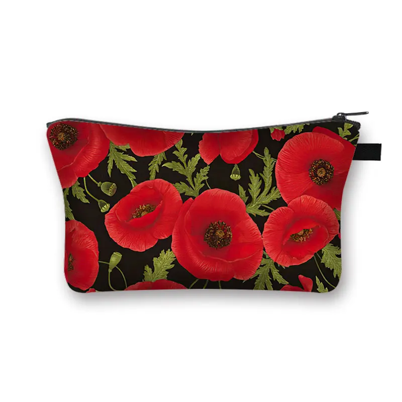 Beautiful Red Poppy Flower Print Cosmetic Case Small Clutch Women Toiletries Organizers Hip Hop Cosmetic Bags Cute Makeup Bag