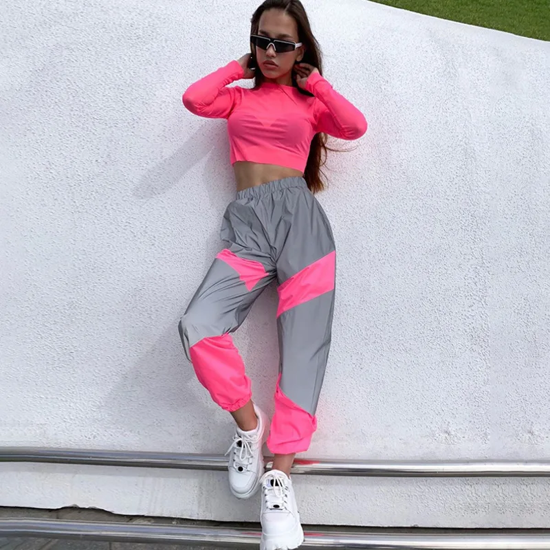 Y2K Spliced ​​reflective Night Running Pants Women High Waist Streetwear Jogging Trousers Female Casual Sweatpants Penicl Pant