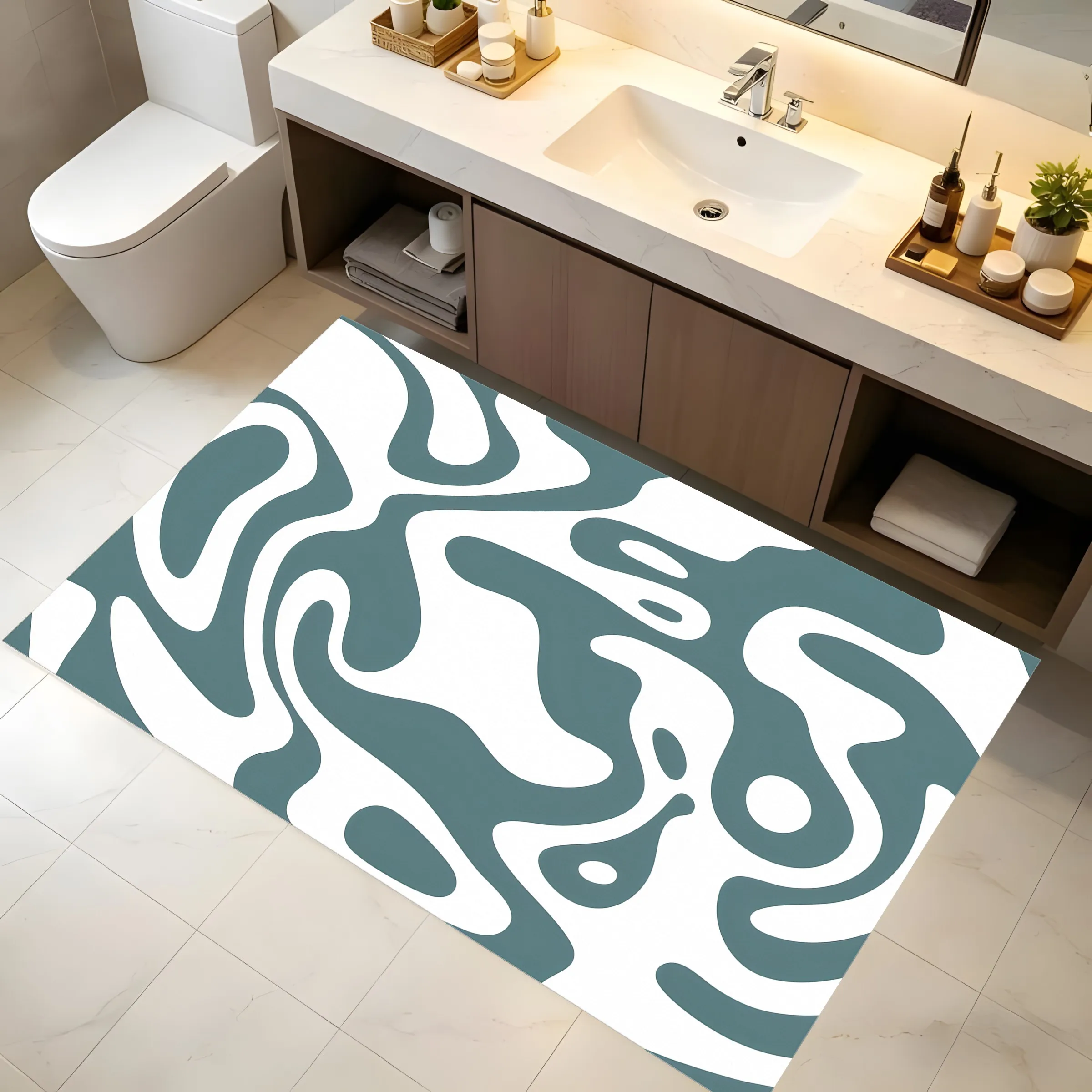 2D Large Rug, Light Gray & White Abstract Flowing Curves, Minimalist Style, Living Room Bedroom Coffee Table