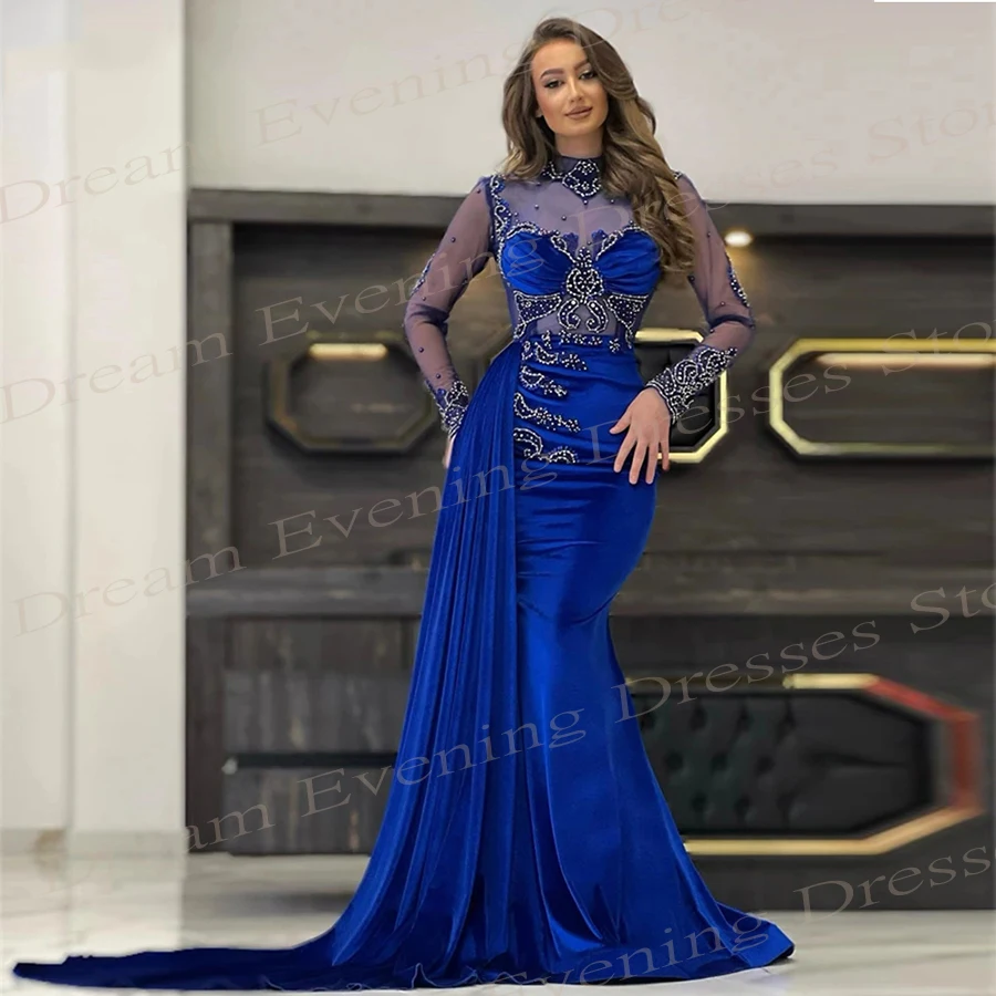 Classic Royal Blue Women's Mermaid Modern Evening Dresses Long Sleeve Lace Appliques Bead Prom Gowns Pleated فساتين حفلة موسيقية