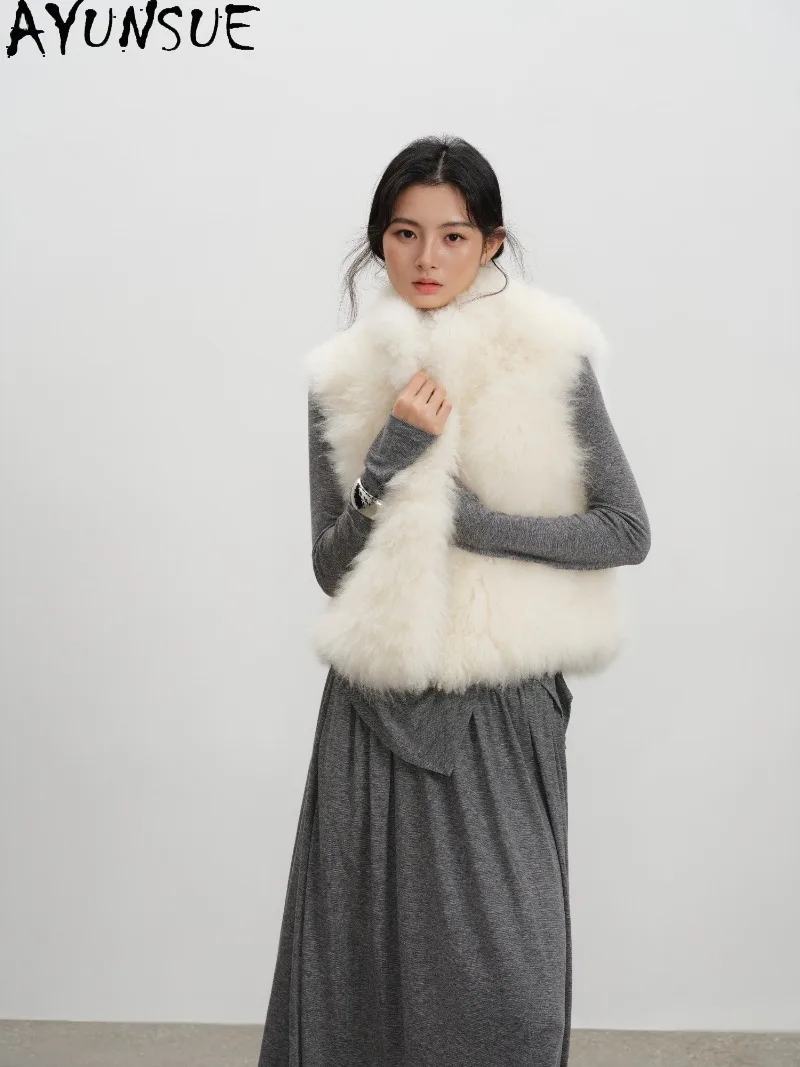 AYUSNUE Cashmere Vest High Collar Short Stand Collar Straight Cut Fur Sleeveless Waistcoat Winter Ladies Gilet Outerwear Slim