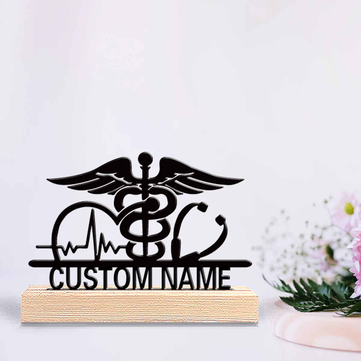 1pc Fashion Custom Name Stethoscope Metal Statue Handicraft With Wood Base Iron Statue With Wood Base For Bedroom Desk Decor