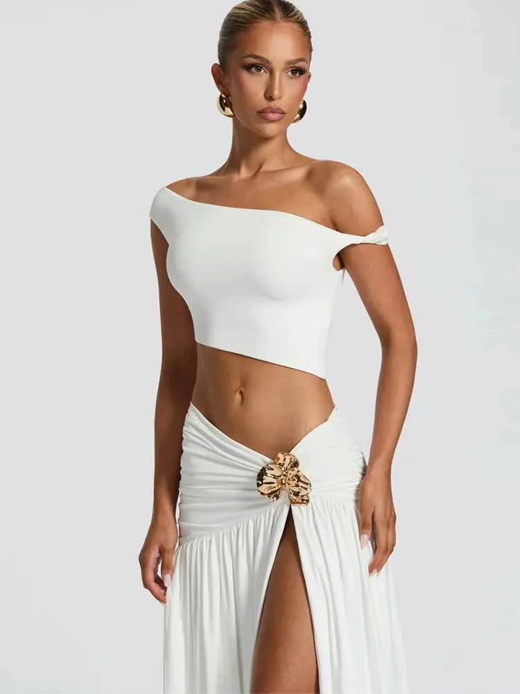 Bkqu conjunto de vestido plissado de metal feminino sexy fino fora do ombro colheita superior e alta divisão saia longa combinando elegante festa 2 peça conjunto