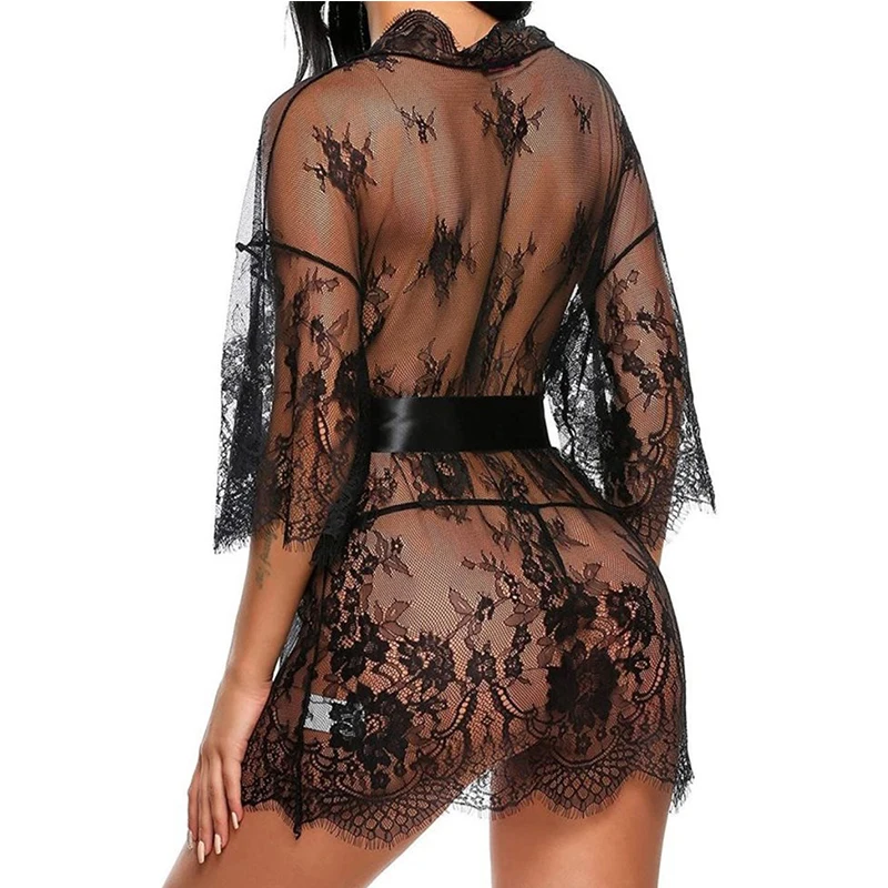 Women\'s Lace Kimono Robe Babydoll Lingerie Mesh Nightgown Sexy Lingerie Woman Erotic Pajamas