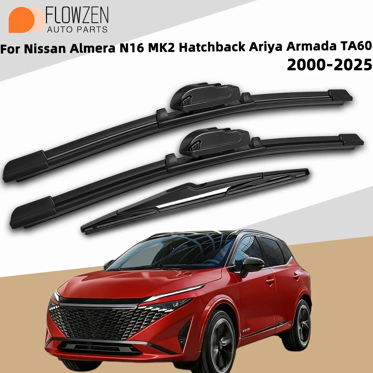 3PCS Front Rear Wiper Blades Fit For Nissan Almera N16 MK2 Hatchback Ariya Armada TA60 2000-2025 Car Premium Quiet Accessories
