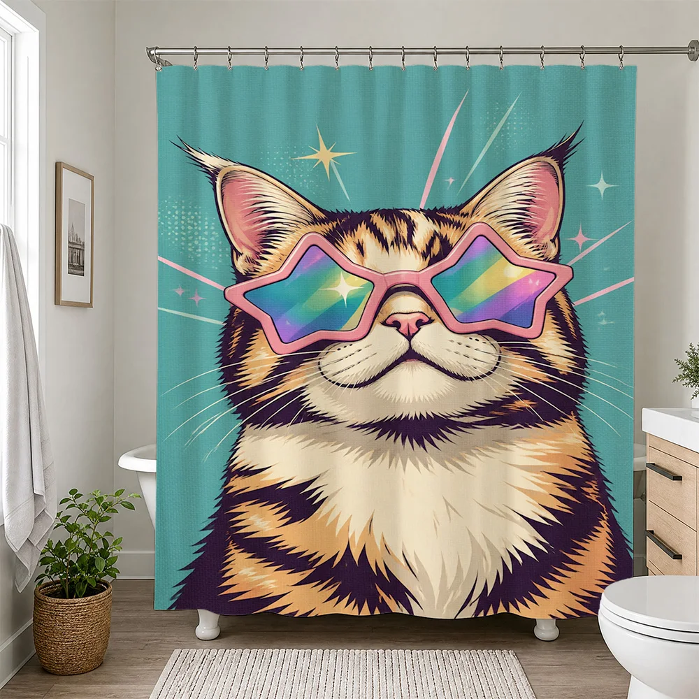 Fun Cat Sunglasses Shower Curtain Tropical Animal Print Bathroom Decor Novelty Shower Curtain