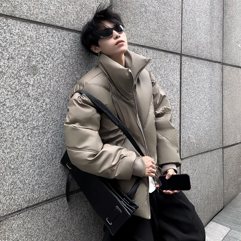 Fashion Stand Collar Thickened PU Leather Parkas Men 2025 Winter New Warm Padded High-end Parkas Long Sleeve Solid Color Coats