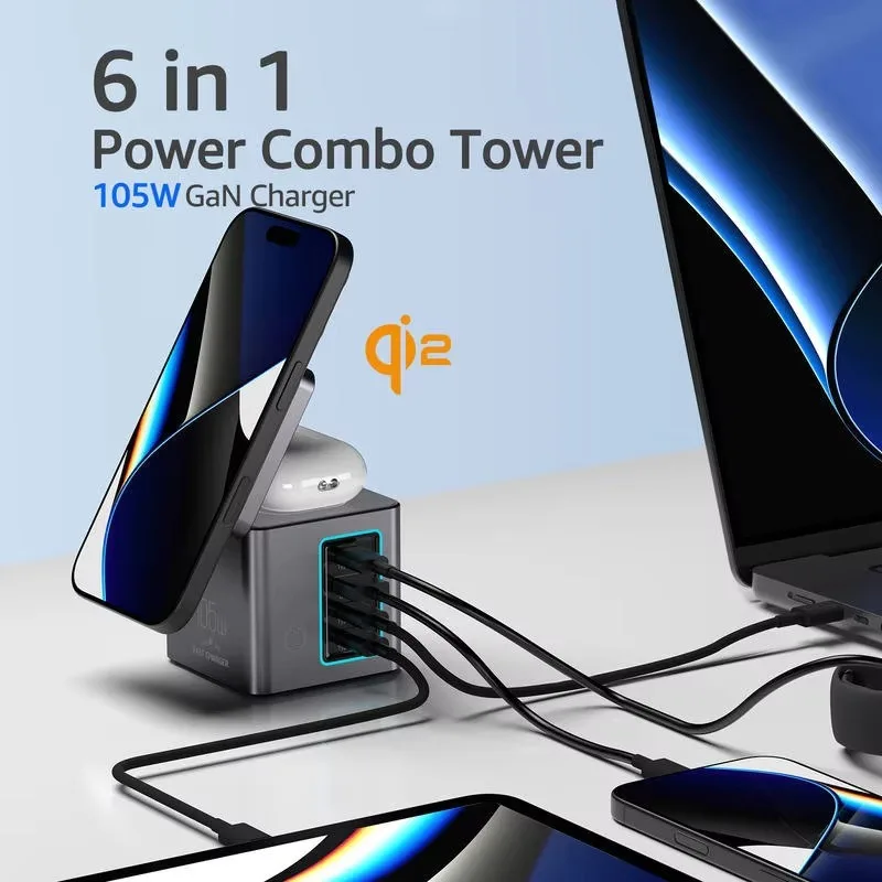105W 6-in-1 multifunctional multi-port desktop magnetic wireless mobile phone fast charger Type-c port does not contain wires