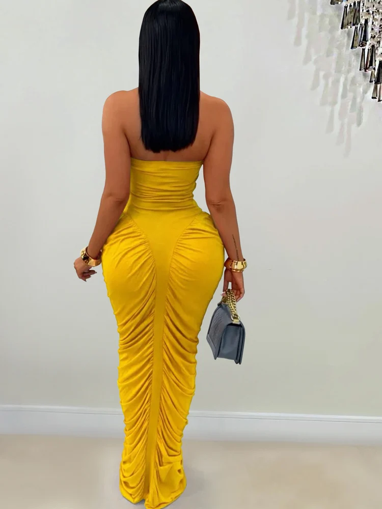 Beyprern Elegant Orange Ruched Maxi Dress For Women Sexy Strapless Tube Top Bodycon Long Dress Night Clubwear Outfits Vestidos - Image 6