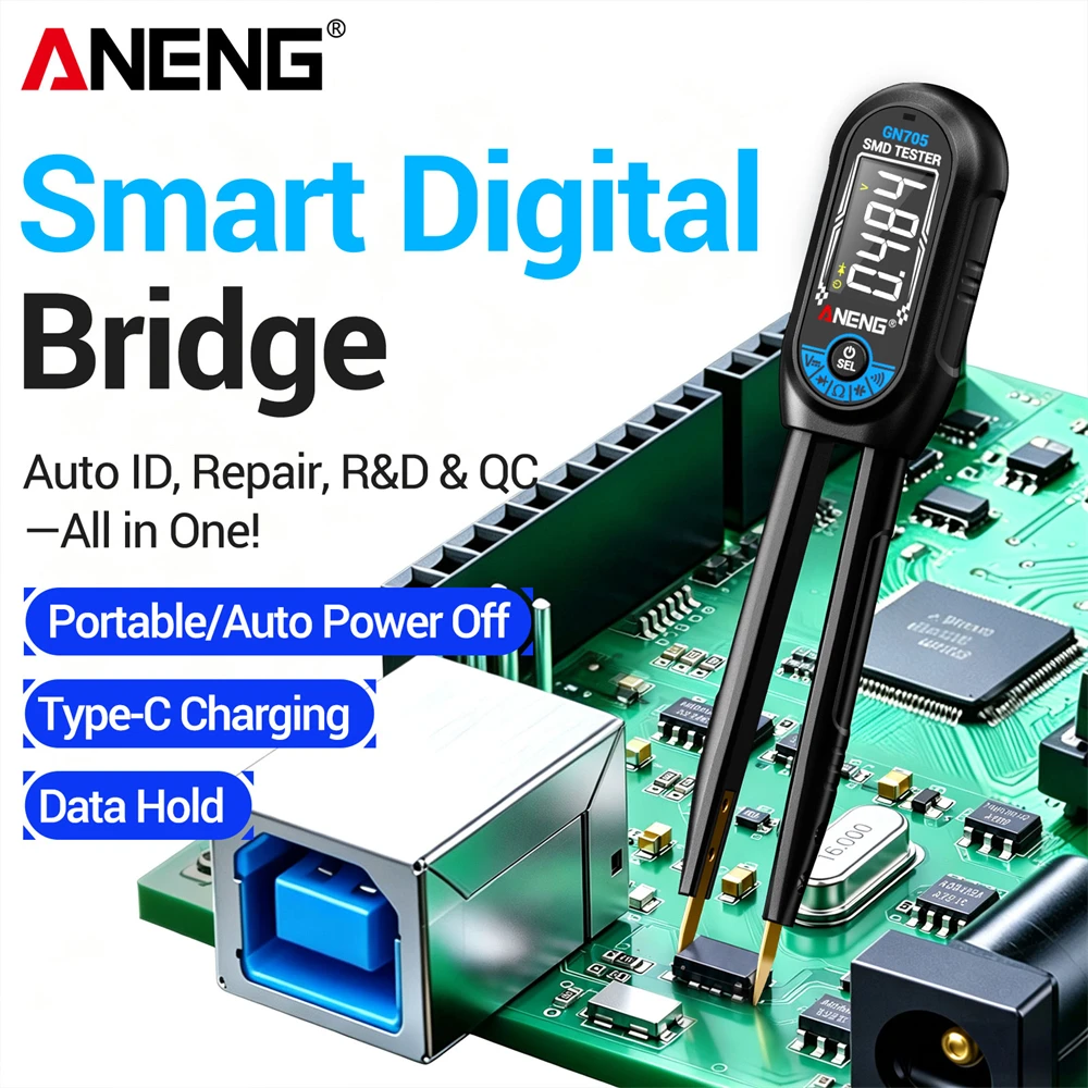 Smart Bridge Tweezer SMD Rechargeable Tester Resistance Capacitance Inductance Continuity Diode Test Auto Multimeter ANENG GN705