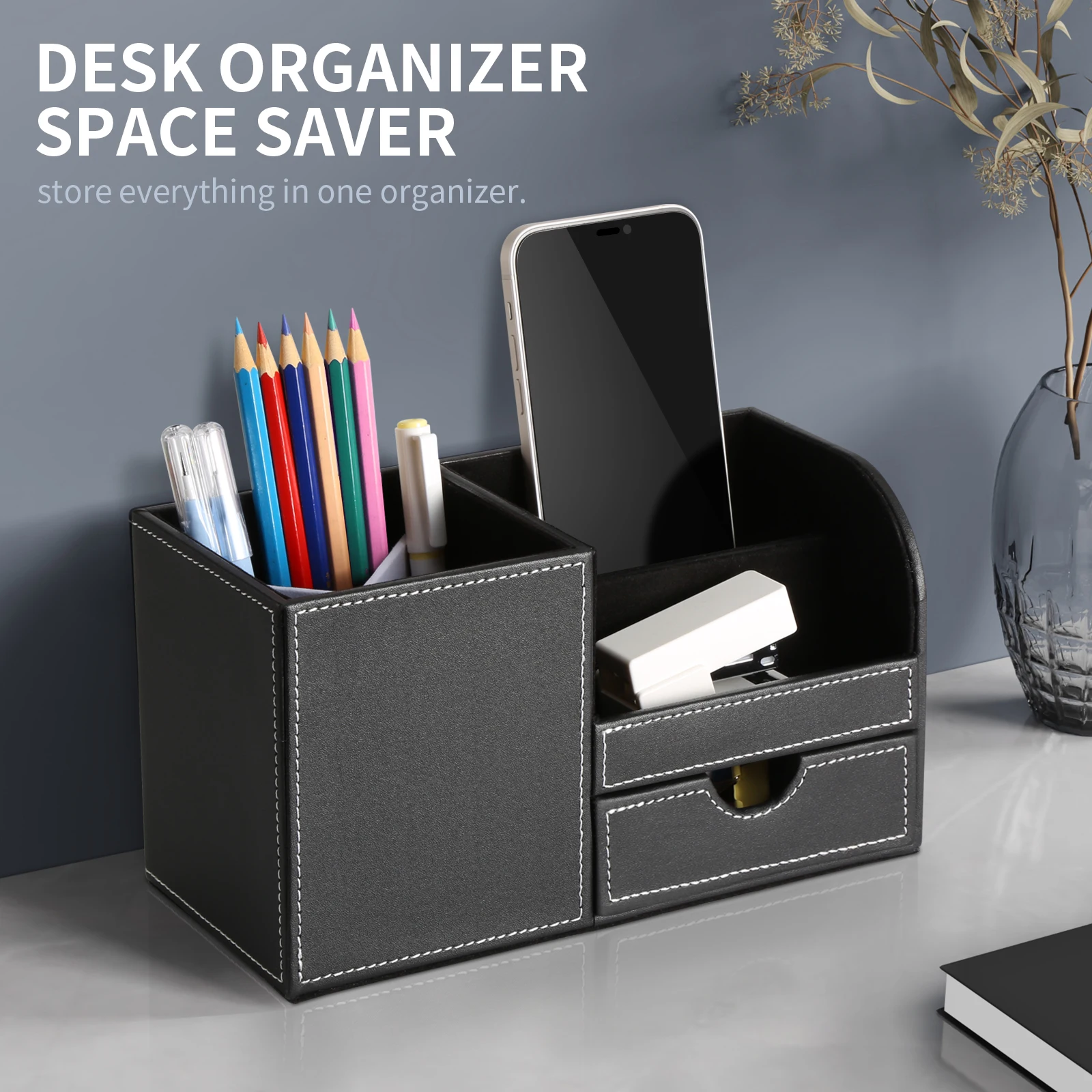 Multi-Functional Desk Organizer Stationery Holder Wooden Drawer Storage Boxes PU Leather Pen Holder Pencil Box Case Containers