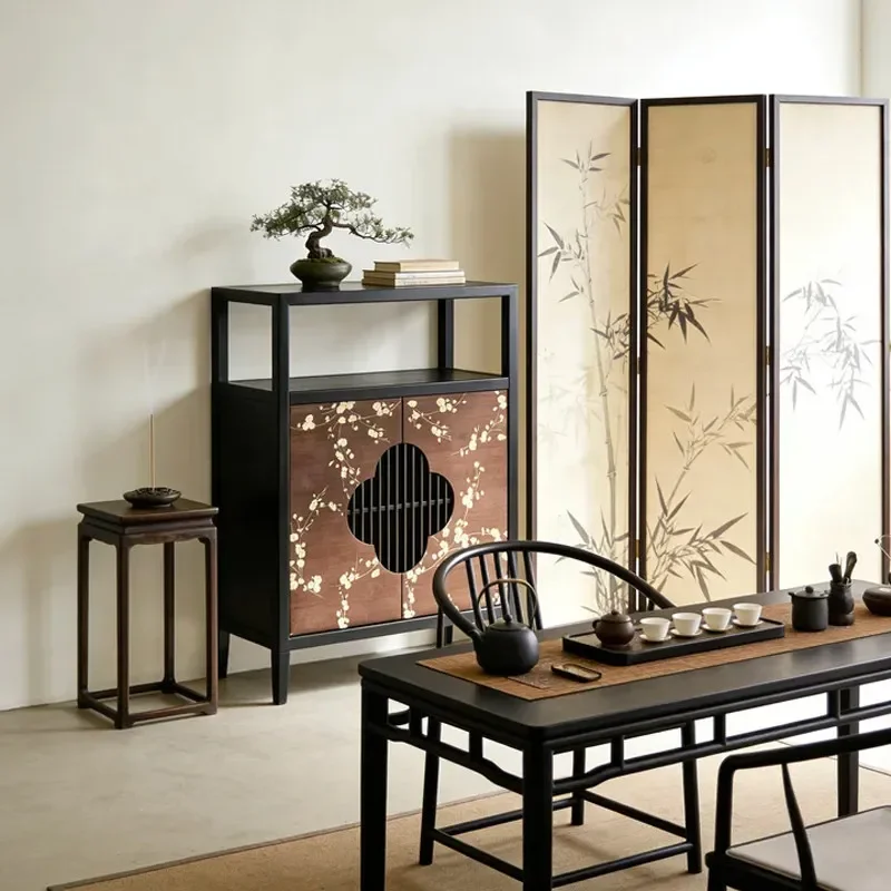for Song Dynasty Aesthetic Solid Wood Four-Leaf Clover Retro Locker Hollow Storage Household Dining Side Cabinet Tea Room Tea