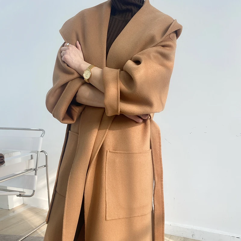 

Женское повседневное двустороннее пальто из 100% шерсти, длинный корейский свободный кардиган, куртка с воротником и карманом на поясе с капюшоном