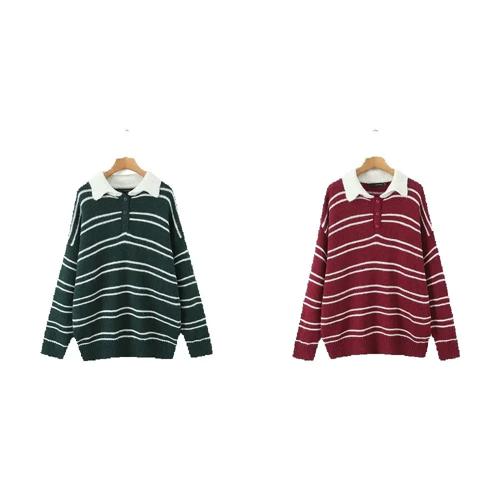 

Retro style American lazy loose contrasting striped pullover versatile sweater college style knit top