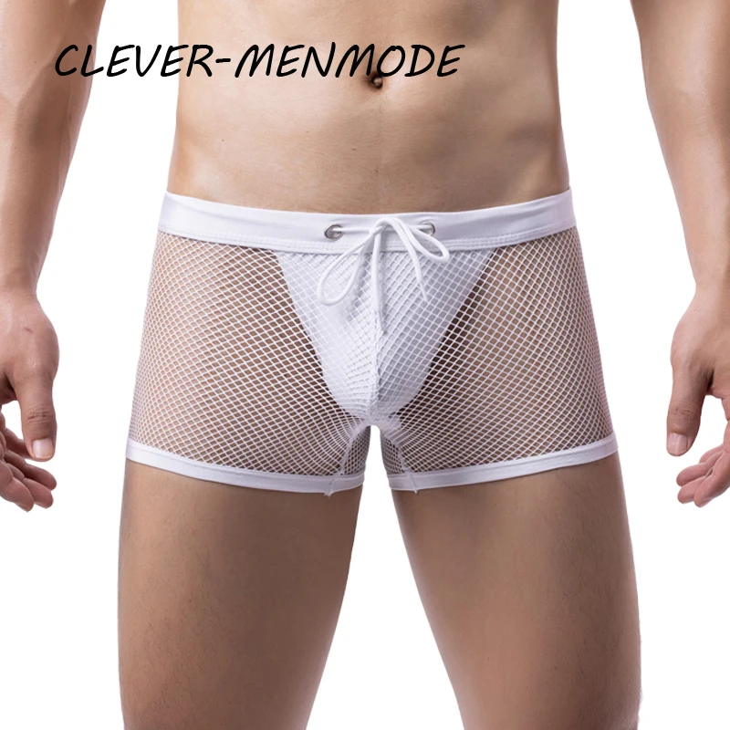 Men\'s Sexy Mesh See-Through Transparent Boxer Shorts Hip-Baring Thong G-String Large Pouches Jockstrap Penis Pouch Lingerie