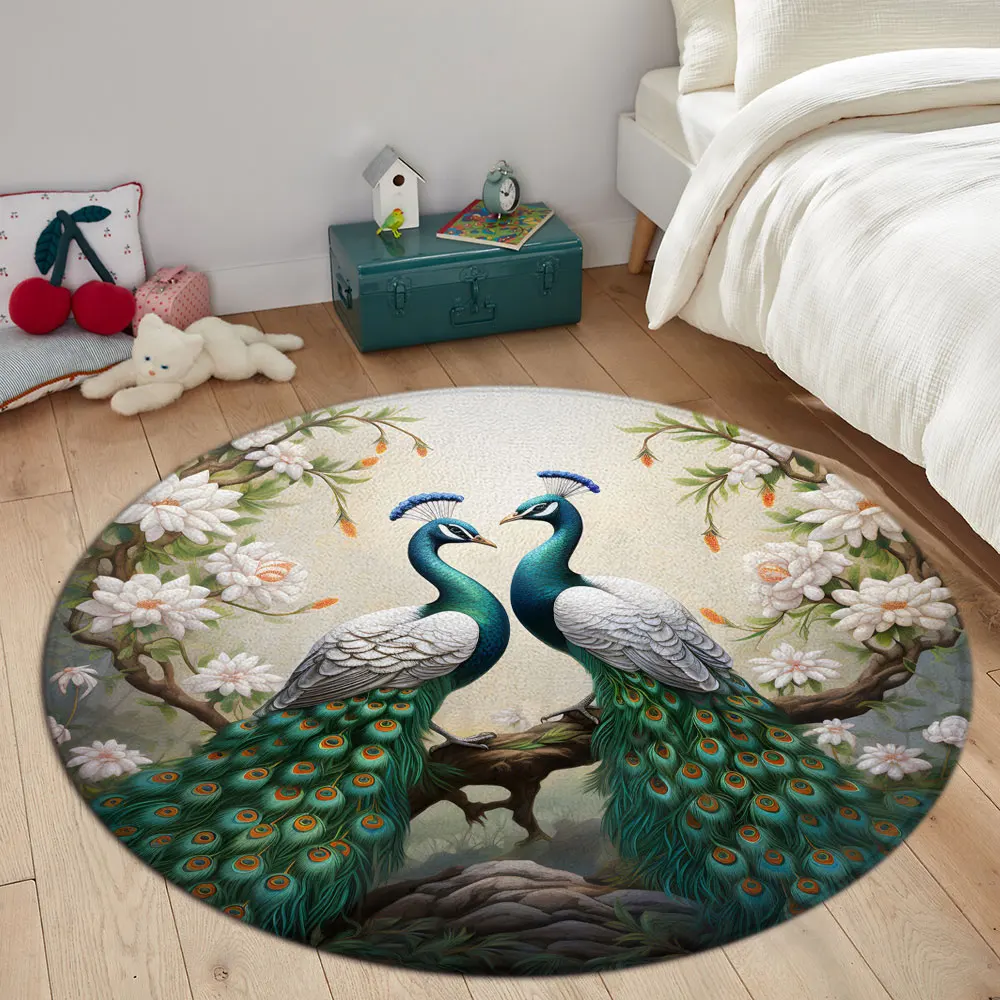 Beautiful Peacock Round Rug Living Room Decoration Watercolour Flower Plant Bedroom Rugs Home Mats Washable Leisure Rugs