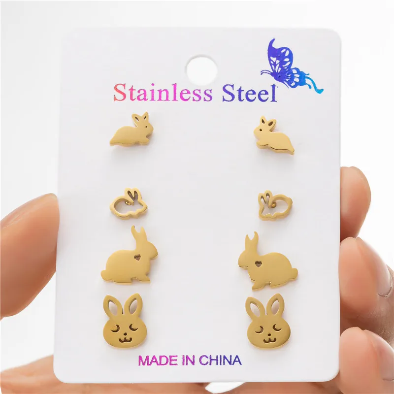4 Paare/los 2024 Edelstahl Hase Kaninchen Ohrringe für Frauen Niedlichen Tier Stud Ohrring Alltag Schmuck Ostern Geschenk