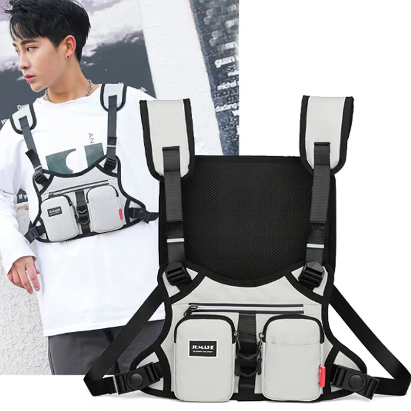 Functional Tactical Chest Bag For Men Trend Reflective Bullet Hip Hop Vest Streetwear Bag Waist Pack Unisex Black Chest Rig Bag