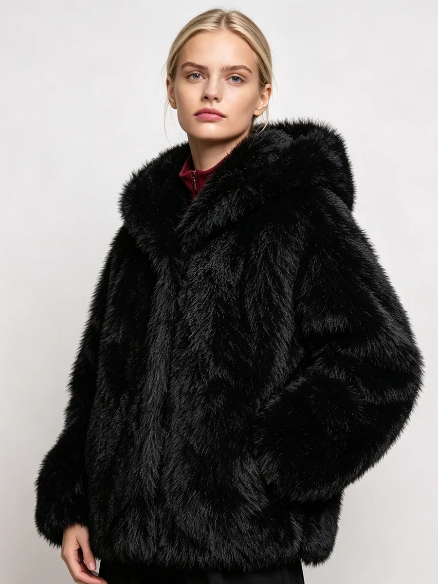 PUAL   Women Faux Fox Fur Hooded Coat Thick Warm Winter Plush Jacket Ladies Solid Black Fluffy Outerwear