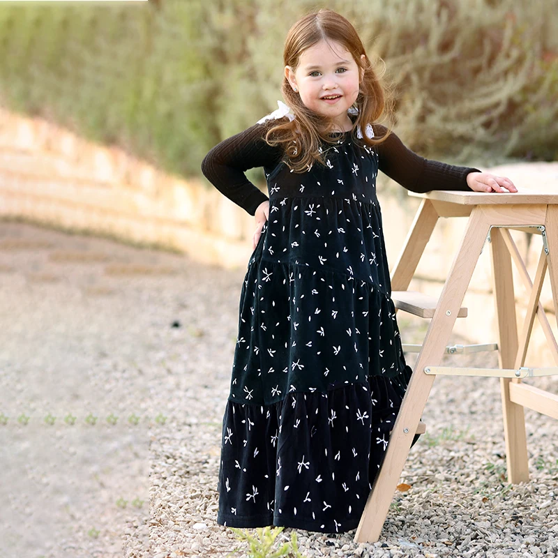 

Girls maxi dress black velour winter robe dress 4 diagonal closed layers girls clothes lace ribbon suspenders size 3-20 years