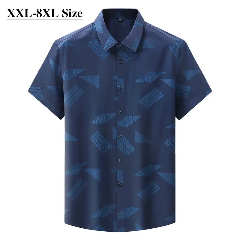 

Size Plus 6XL 7XL 8XL Lyocell Fabric Men's Short Sleeve Shirts Summer Loose Business Casual Color Block Print Male