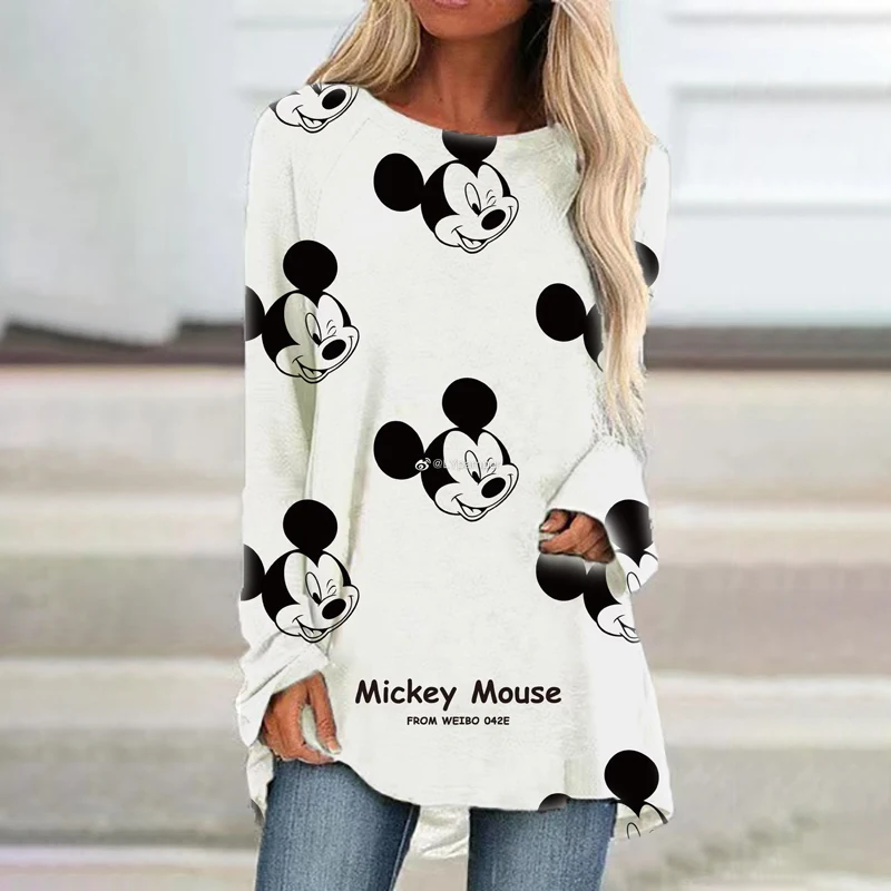 Mickey Minnie cartoon autumn new women's round neck loose long sleeve pullover T-shirt fashionable all-match casual T-shirt top