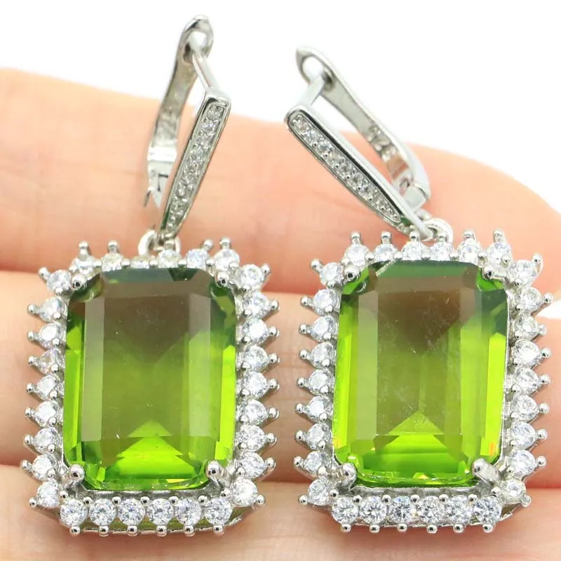 

40x20mm Princess Cut Pink Morganite Green Peridot White Cubic Zircon Women Engagement Silver Earrings Wedding Bride