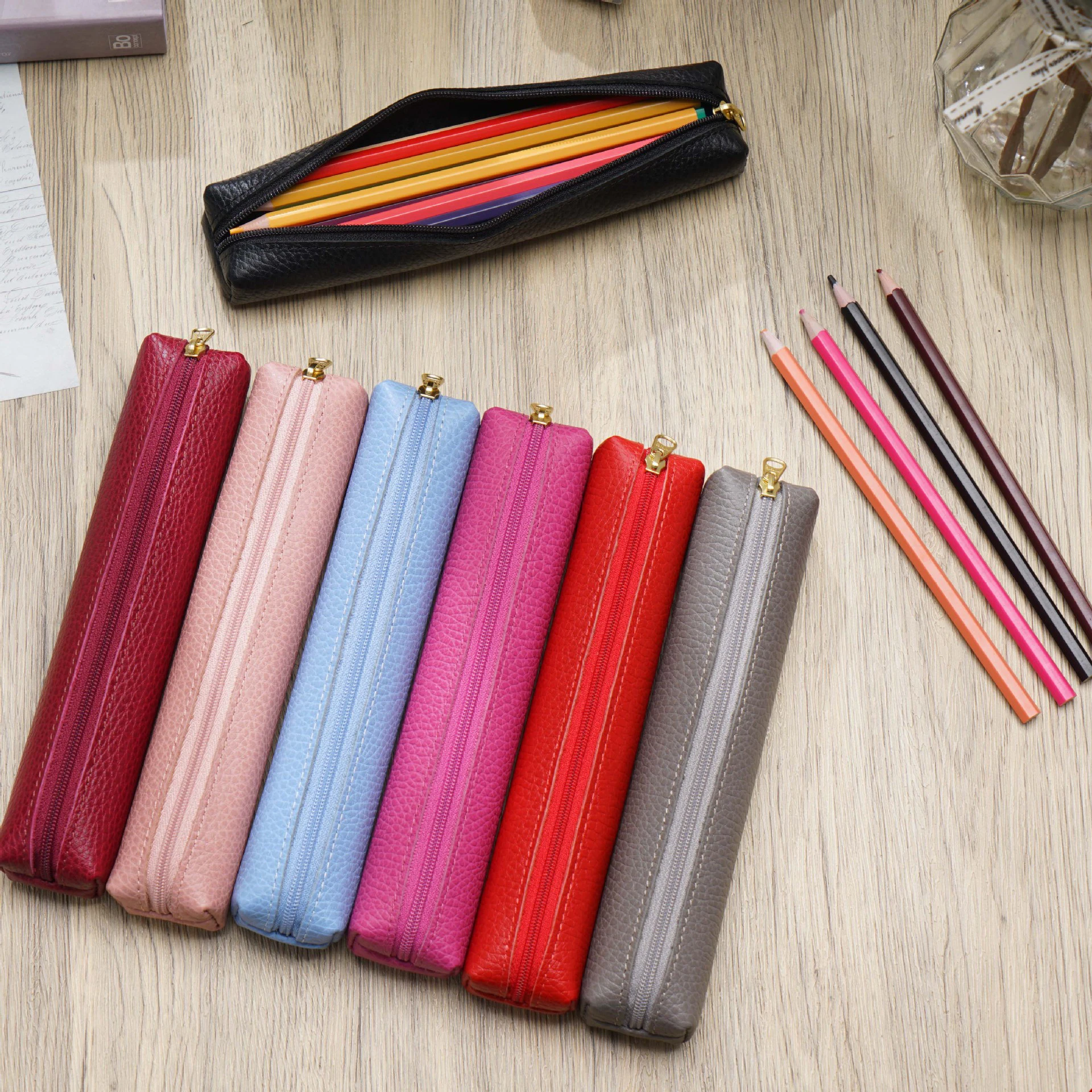 Candy Color Pencil Case Stationery Storage Bag Cowhide Mini Pencil Pouch Zipper Leather Pen School Student Office Supplies