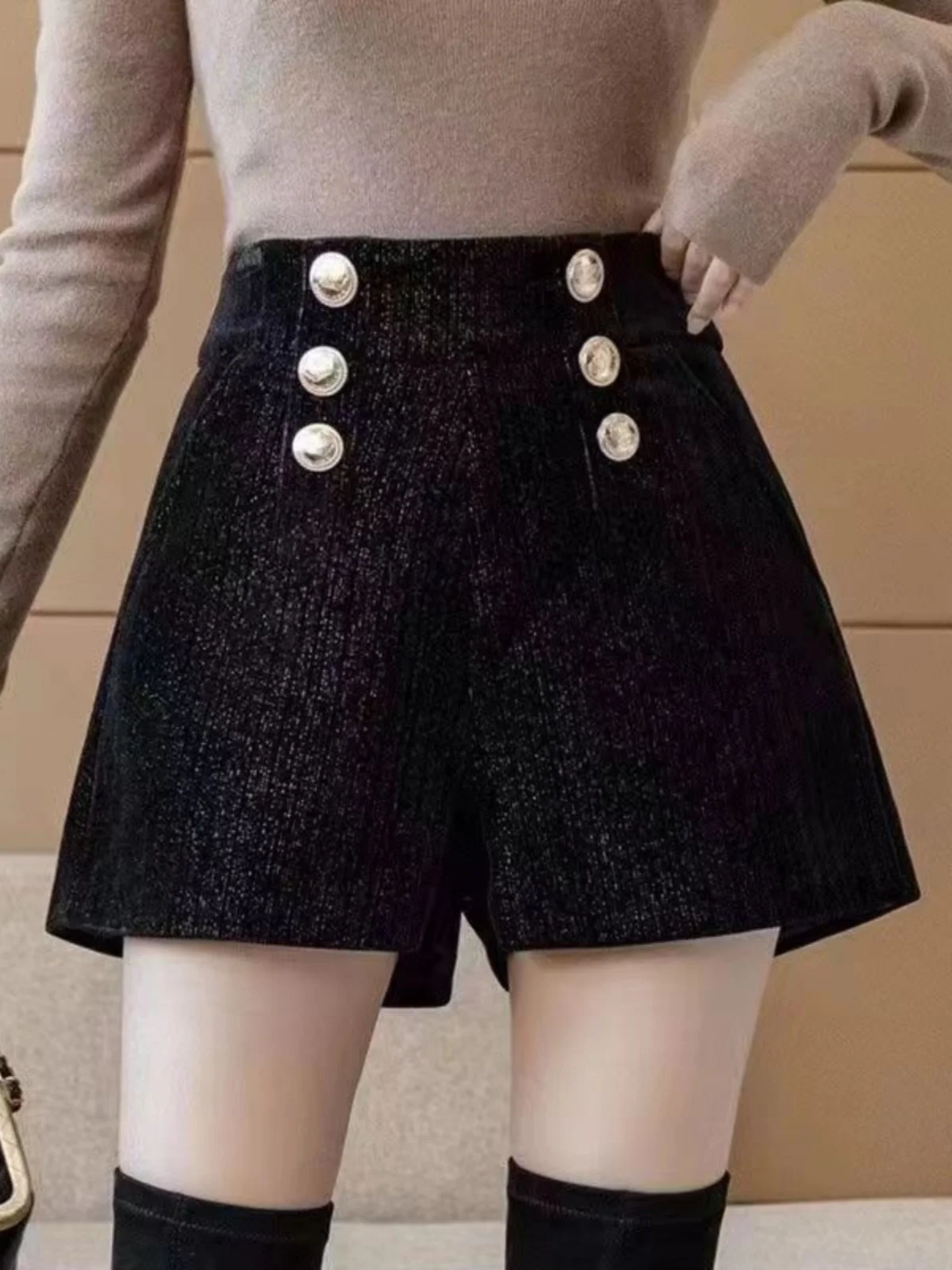 

Блестящие шорты с пайетками, женские брюки с высокой талией, широкие брюки А-силуэта, брюки-клеш, весна-осень-зима, новый стиль, повседневные брюки