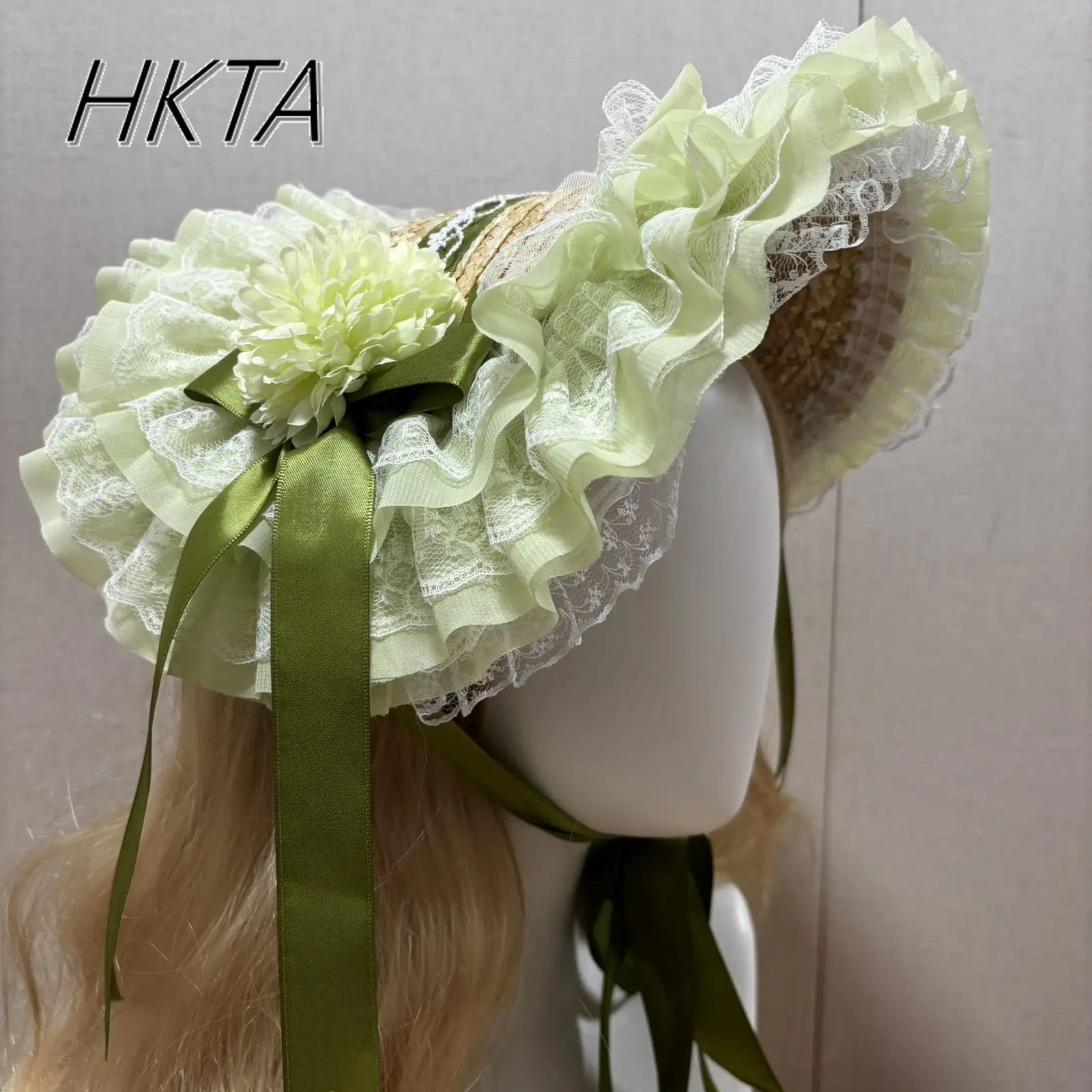 Lolita Lace Print Womens Hat Sweet Cute Handmade Purple Straw Hats Sprint Kawaii Pleated Flower Bow Lace Up Hair Clips Cap Girl