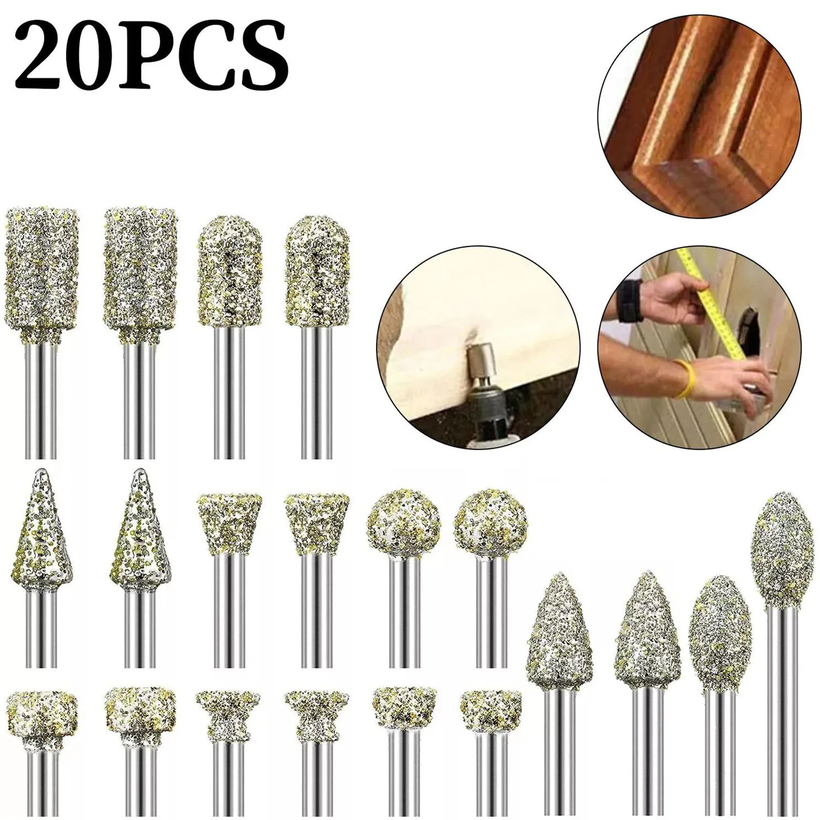 20Pcs Diamond Burr Set 3mm Shank Rotary Grinding Bit Diamond Coated Drill Bits for Dremel Engraving Stone Glass Metal Ceramics