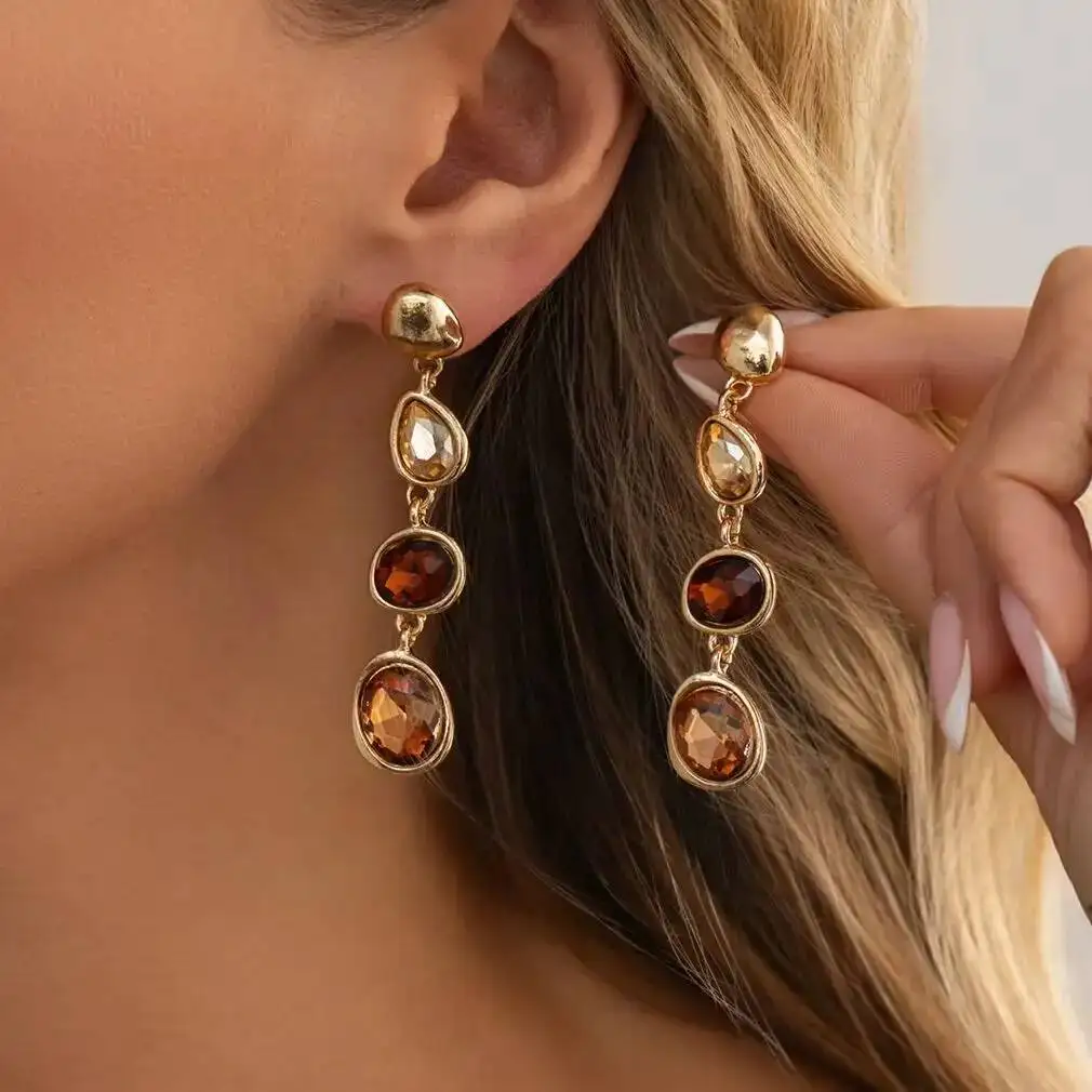 Brinco de Gota SHIXIN Moderno e Requintado com Strass de Vidro Colorido, Feminino, Vintage, Elegante, Oval, de Metal, para Furo na Orelha, Acessório de Joia para Banquete